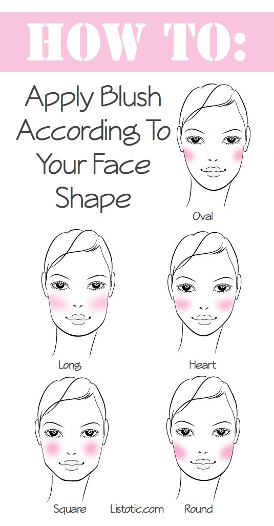 How to apply blush according to your face shape. -- Makeup tips and tricks for beginners, teens and even experts! These beauty hacks and step-by-step tutorials are perfect for women of any age, older or younger. Easy ideas and life hacks every girl should know.:) Listotic.com 